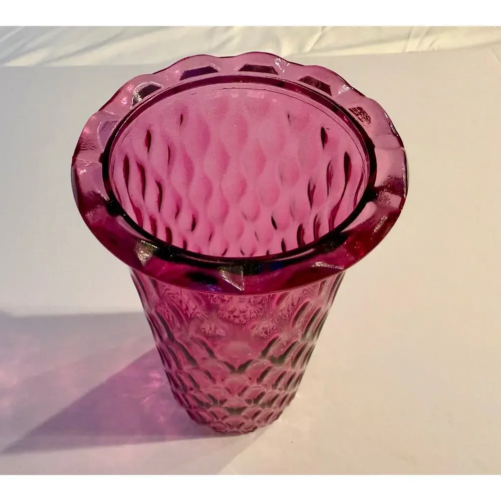 Pink Glass Cylinder Vase Rippled Wave Crinkle Texture 7.5